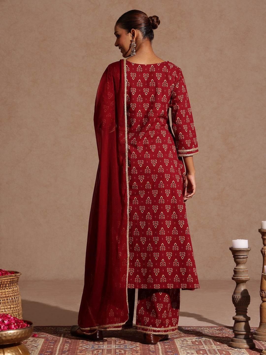 Naari By Shree Women's Maroon Pure Cotton Floral Printed A-line Kurta With Palazzo & Dupatta Set