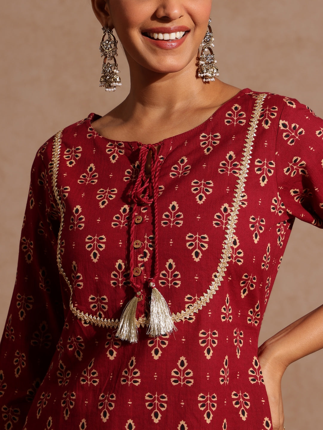 Naari By Shree Women's Maroon Pure Cotton Floral Printed A-line Kurta With Palazzo & Dupatta Set