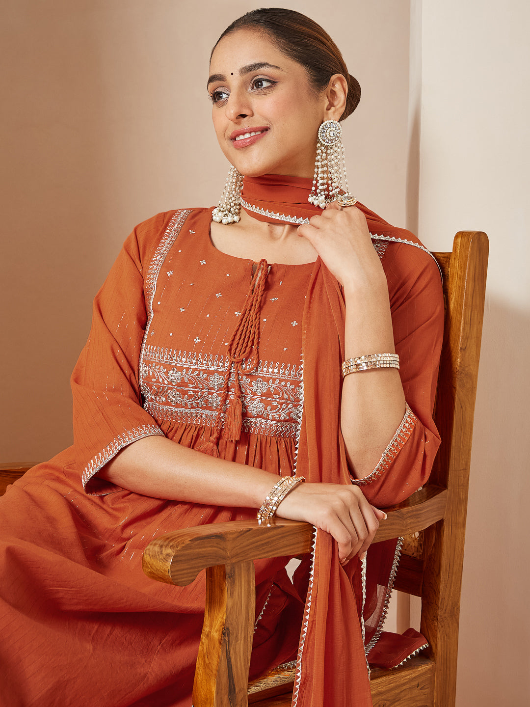 Naari By Shree Women's Orange Pure Cotton Embroidered A-line Kurta Set