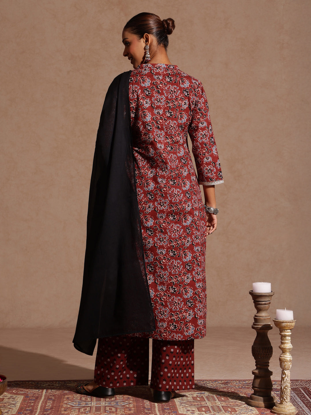 Naari By Shree Women's Maroon Pure Cotton Floral Printed Straight Kurta Set