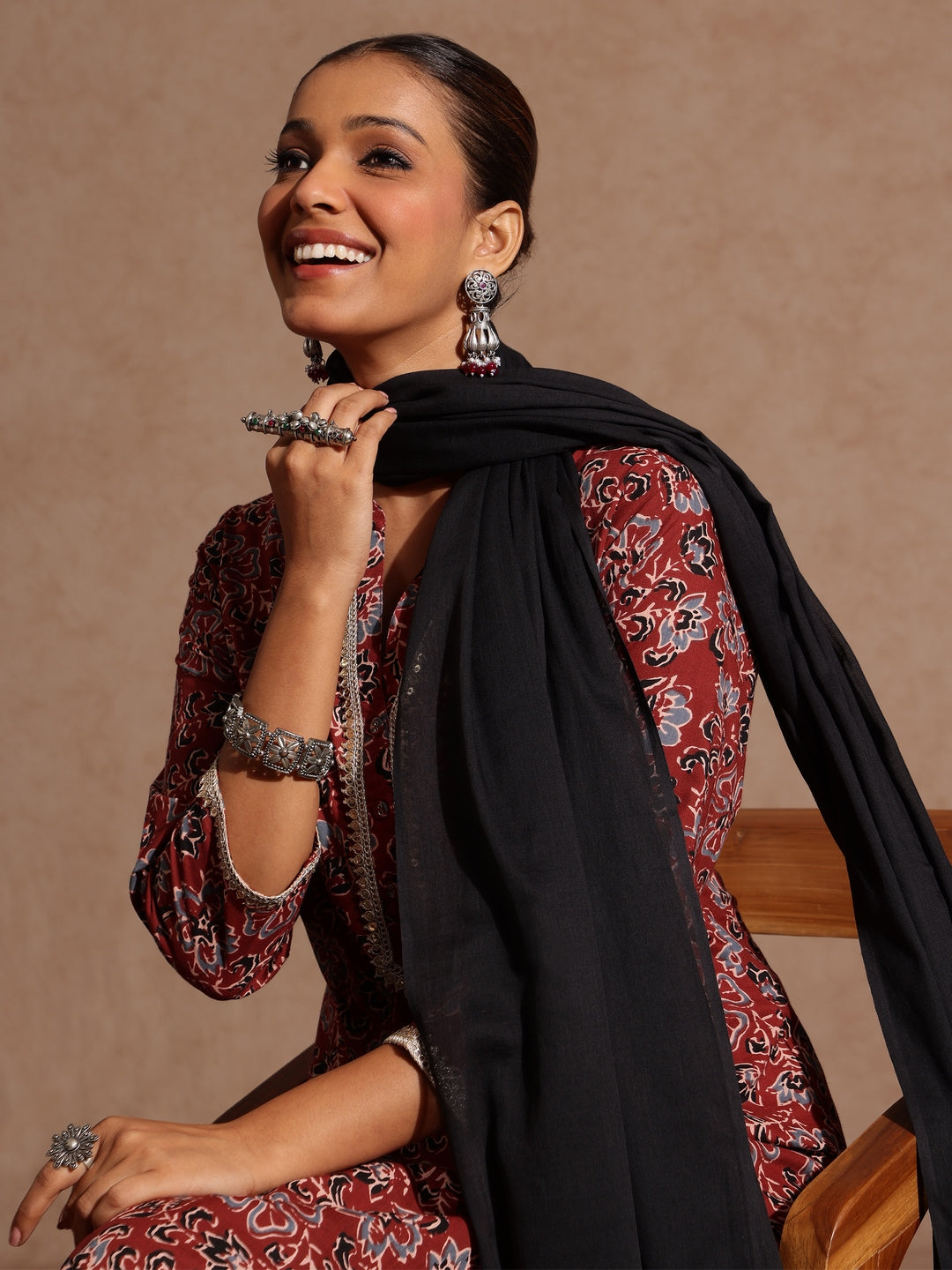 Naari By Shree Women's Maroon Pure Cotton Floral Printed Straight Kurta Set