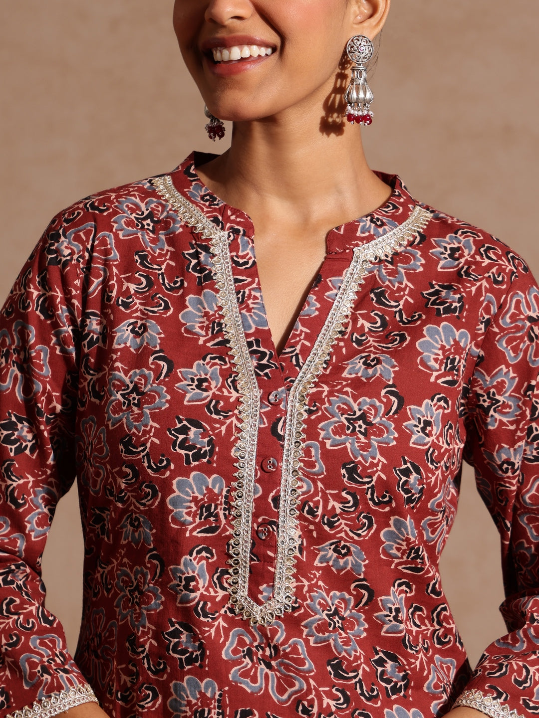 Naari By Shree Women's Maroon Pure Cotton Floral Printed Straight Kurta Set