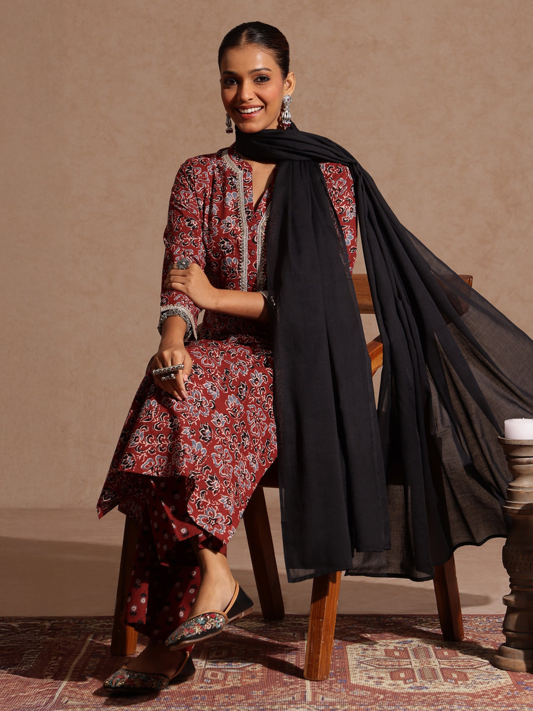 Naari By Shree Women's Maroon Pure Cotton Floral Printed Straight Kurta Set