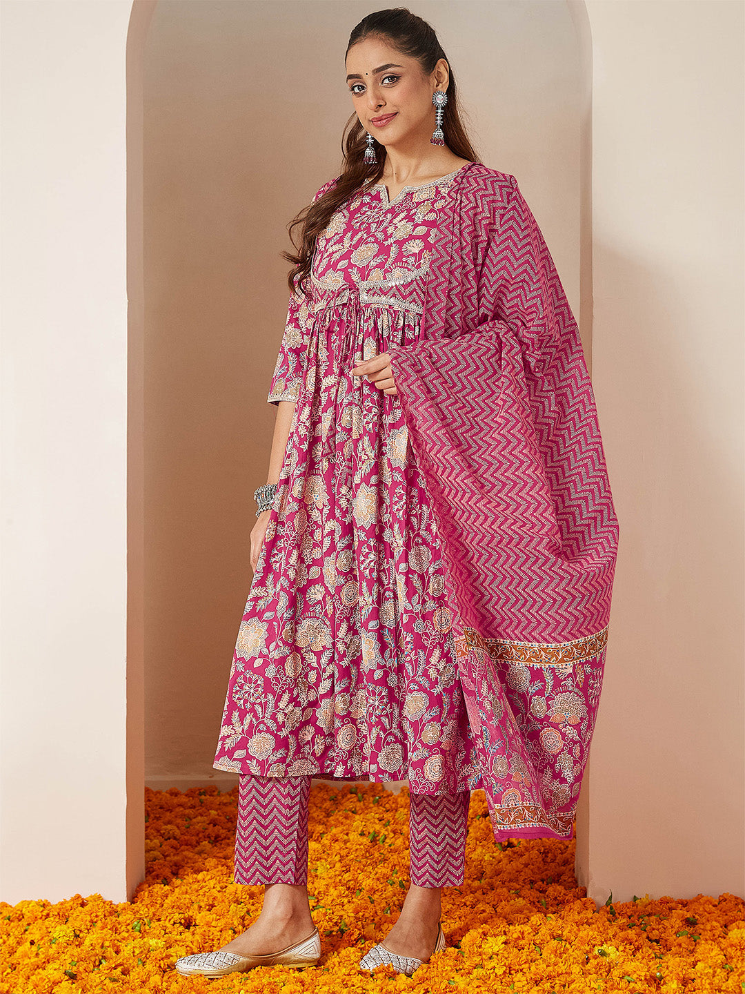 Naari By Shree Women's Pink Pure Cotton Embellished Floral Printed A-line Kurta Set