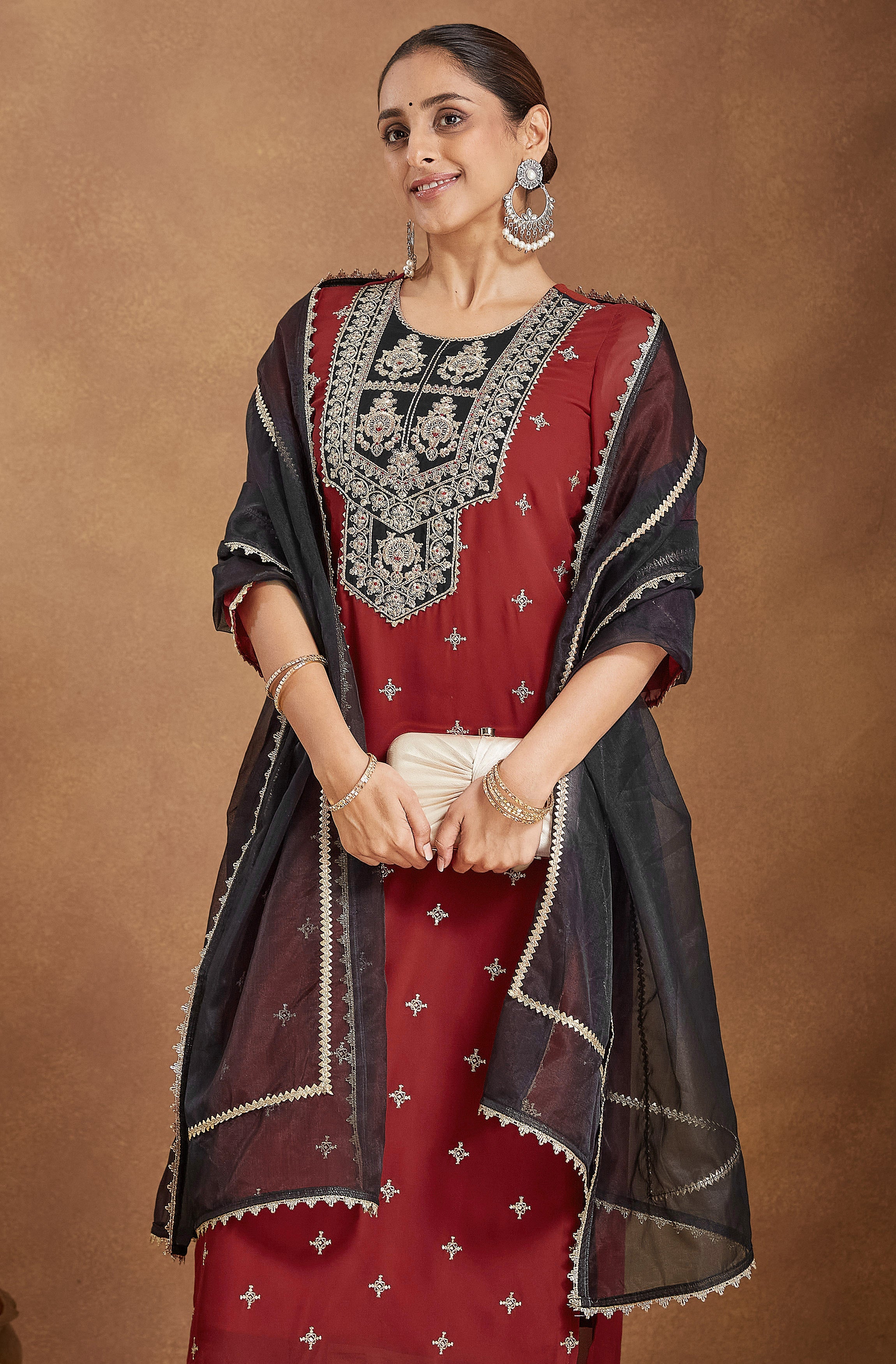 Naari By Shree Women's Red Chanderi Silk Embroidered Straight Kurta Set