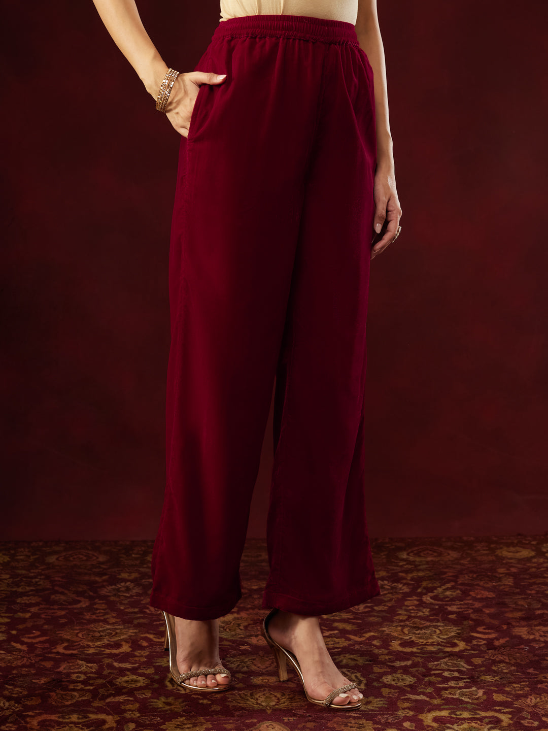 Naari By Shree Women's Red Velvet Zari Yoke Embroidered Straight Kurta Set