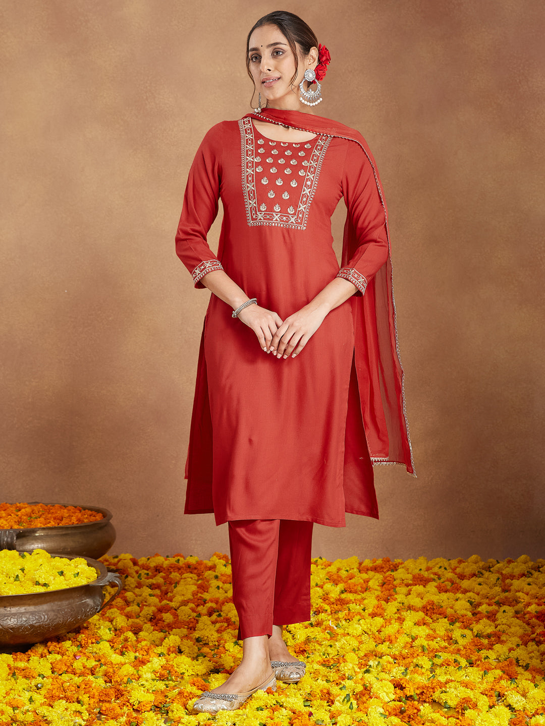 Naari By Shree Women's Red Rayon Yoke Embroidered Straight Kurta Set