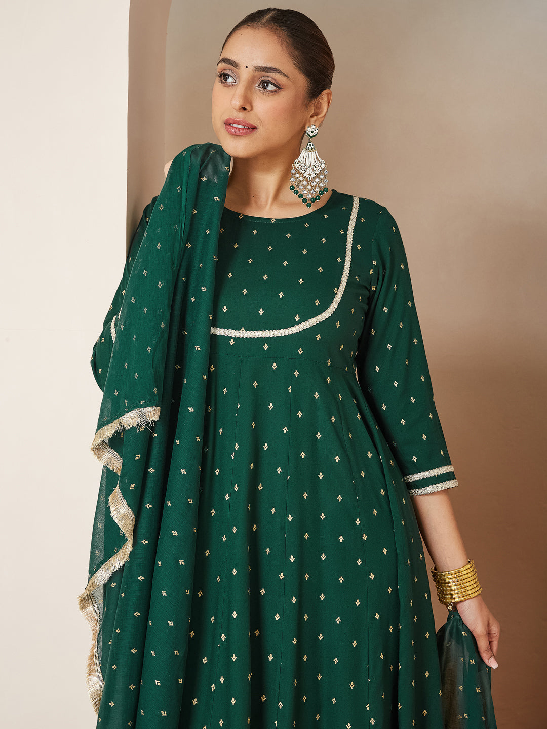 Naari By Shree Women's Dark Green Rayon Gold Printed Anarkali Kurta Set