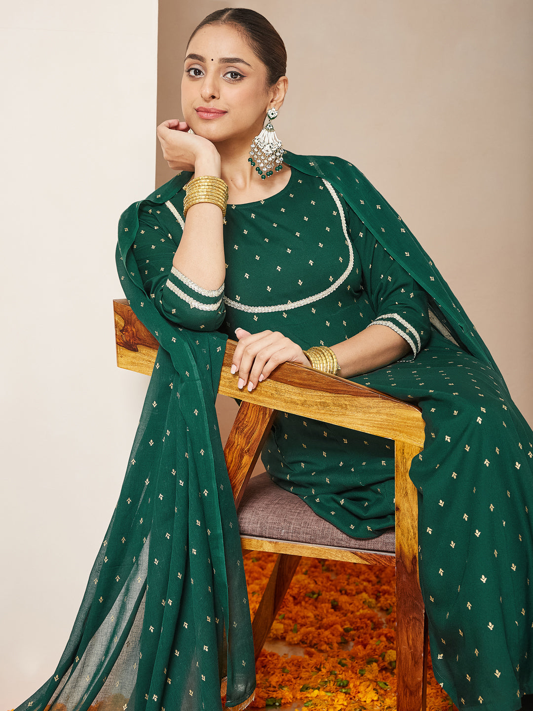 Naari By Shree Women's Dark Green Rayon Gold Printed Anarkali Kurta Set