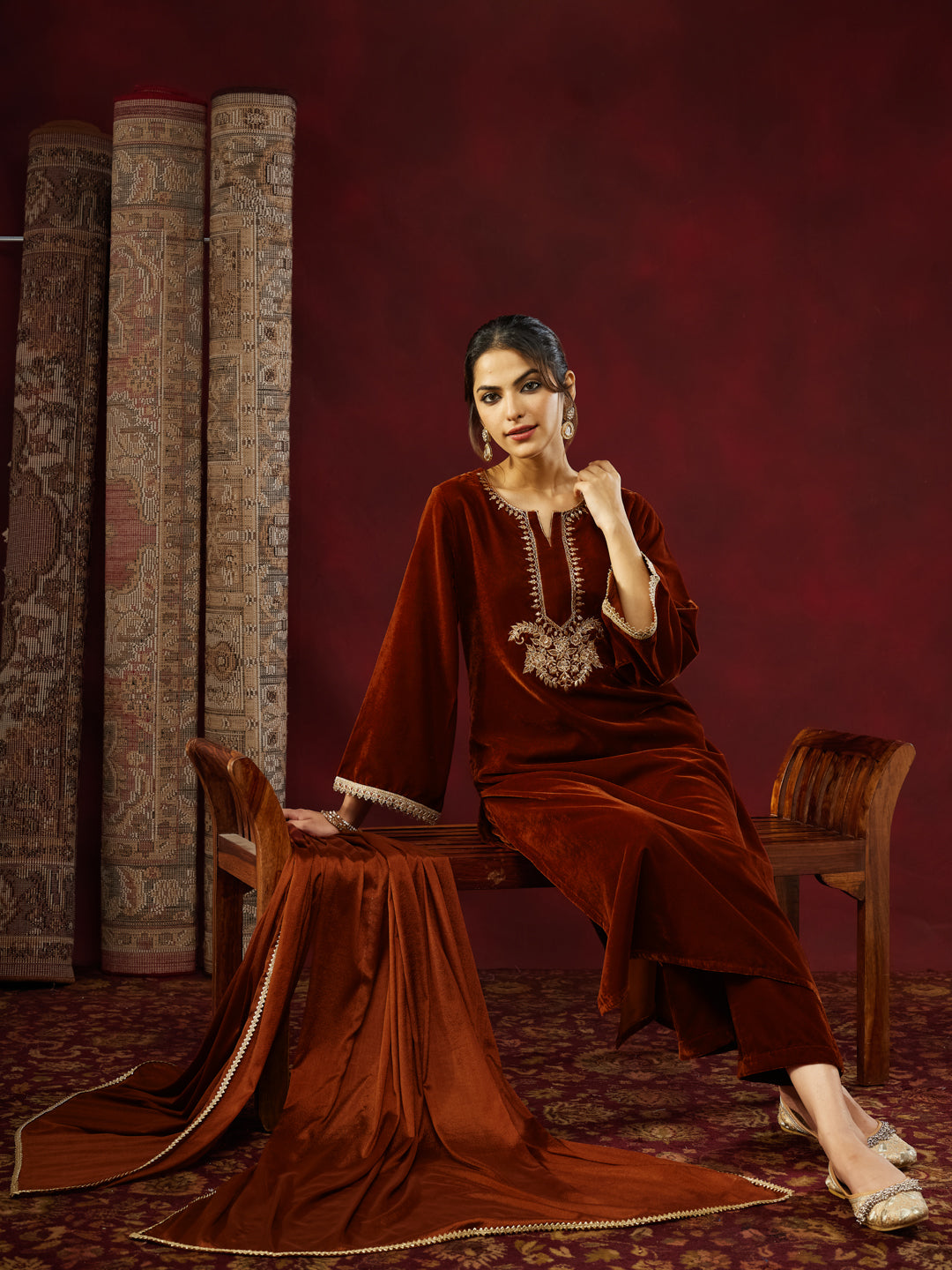 Naari By Shree Women's Brown Velvet Zari Yoke Embroidered Straight Kurta Set