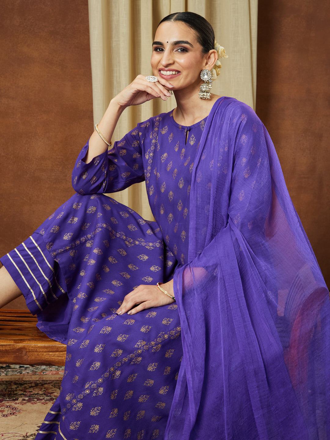 Naari By Shree Women's Purple Rayon Ethnic Motifs Gold Printed A-line Kurta Set