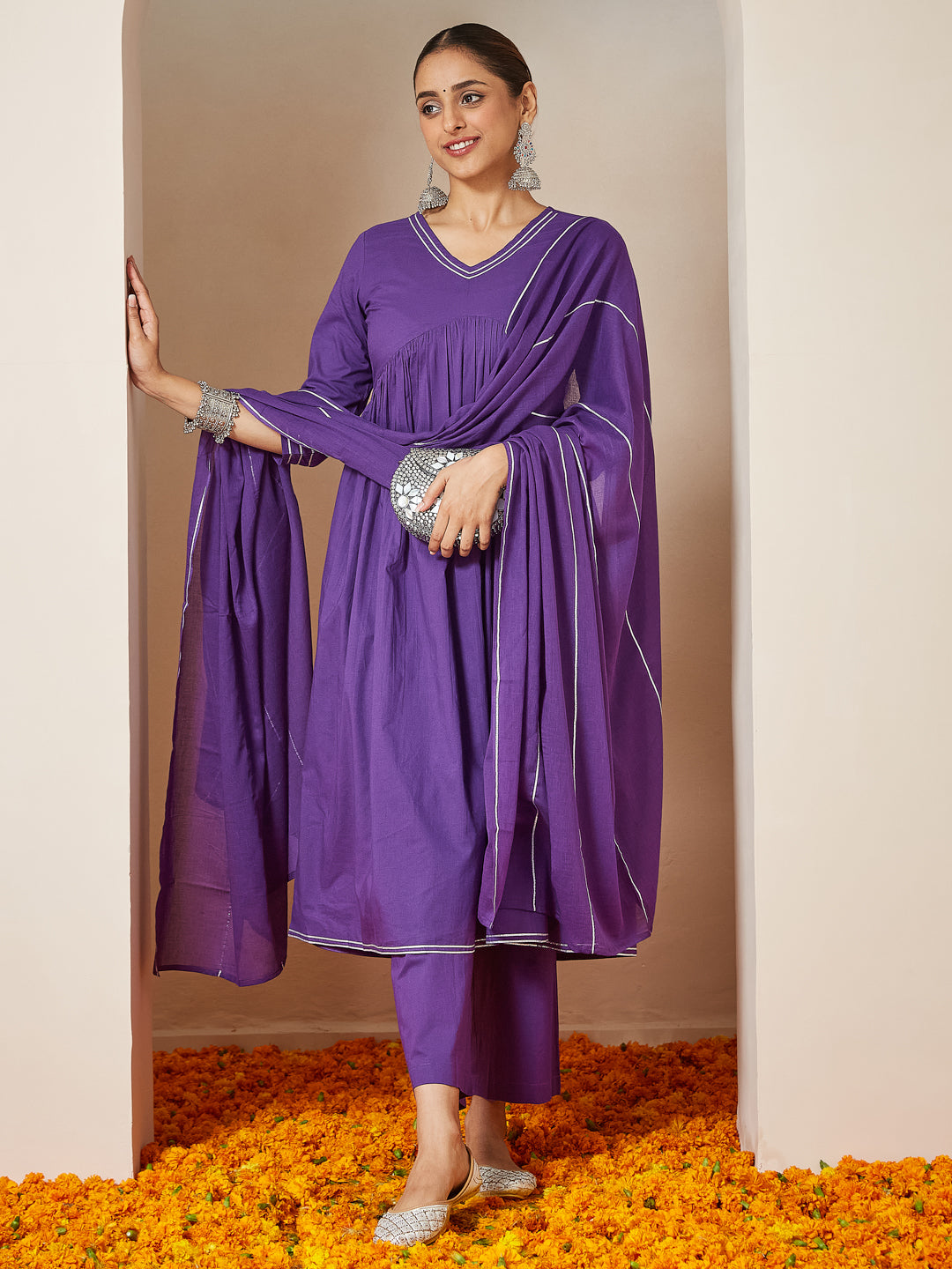 Naari By Shree Women's Purple Pure Cotton Embellished A-line Kurta Set