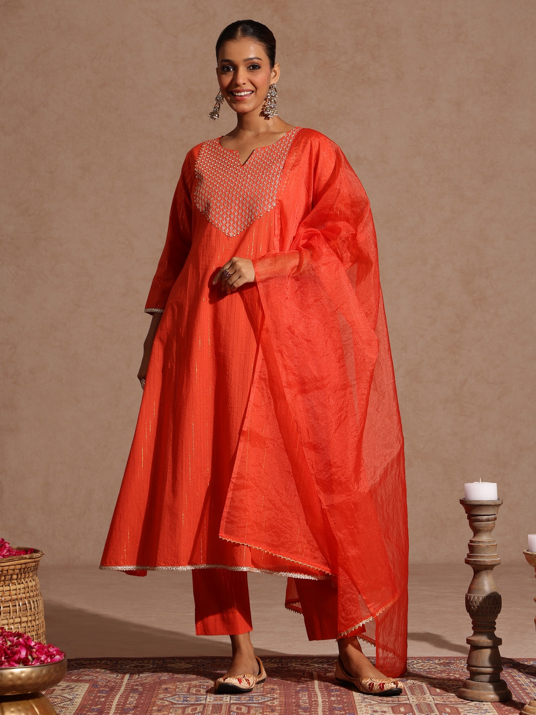 Naari By Shree Women's Orange Pure Cotton Yoke Zari Embroidered A-line Kurta Set