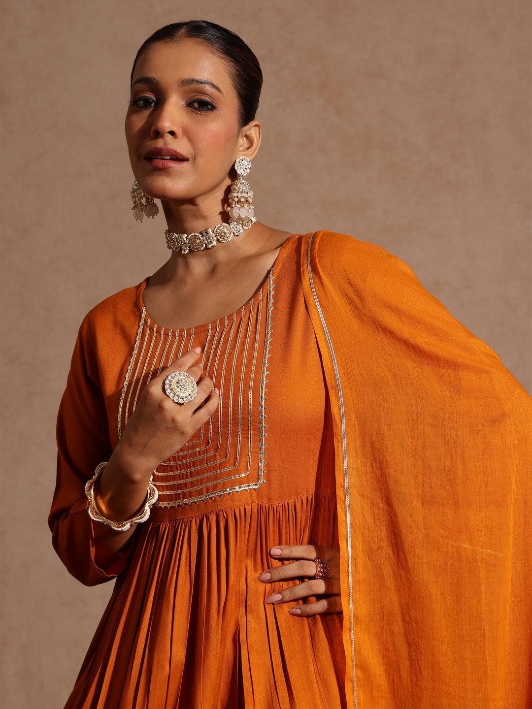 Naari By Shree Women's Mustard Rayon Yoke Design A-line Kurta Set