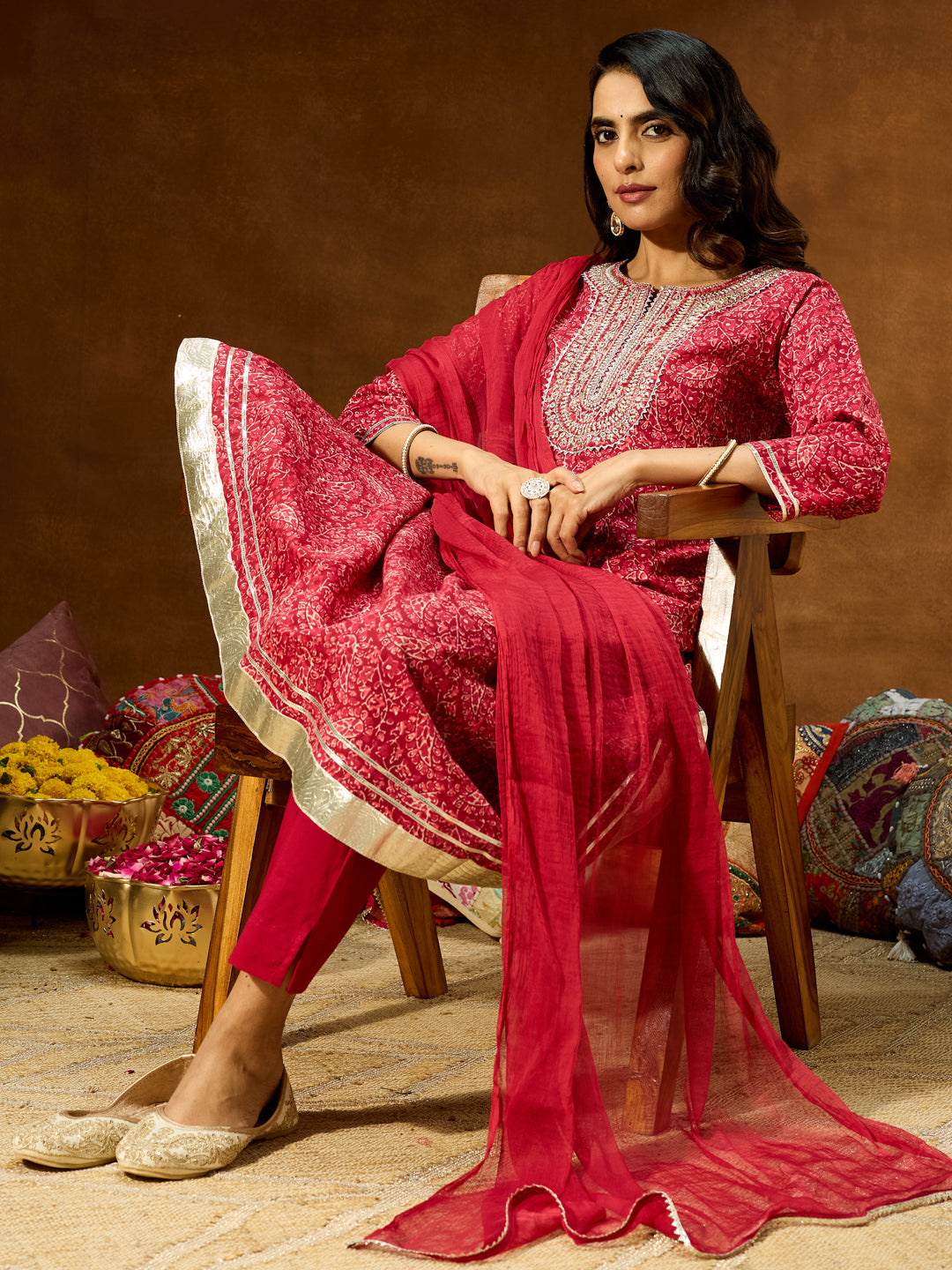 Naari By Shree Women's Maroon Pure Cotton Floral Printed Yoke Embroidered Anarkali Kurta Set