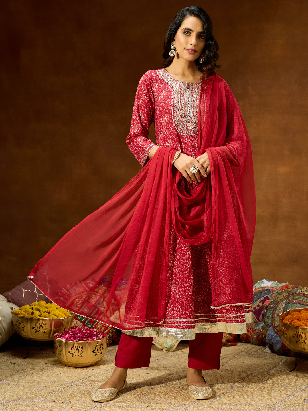 Naari By Shree Women's Maroon Pure Cotton Floral Printed Yoke Embroidered Anarkali Kurta Set