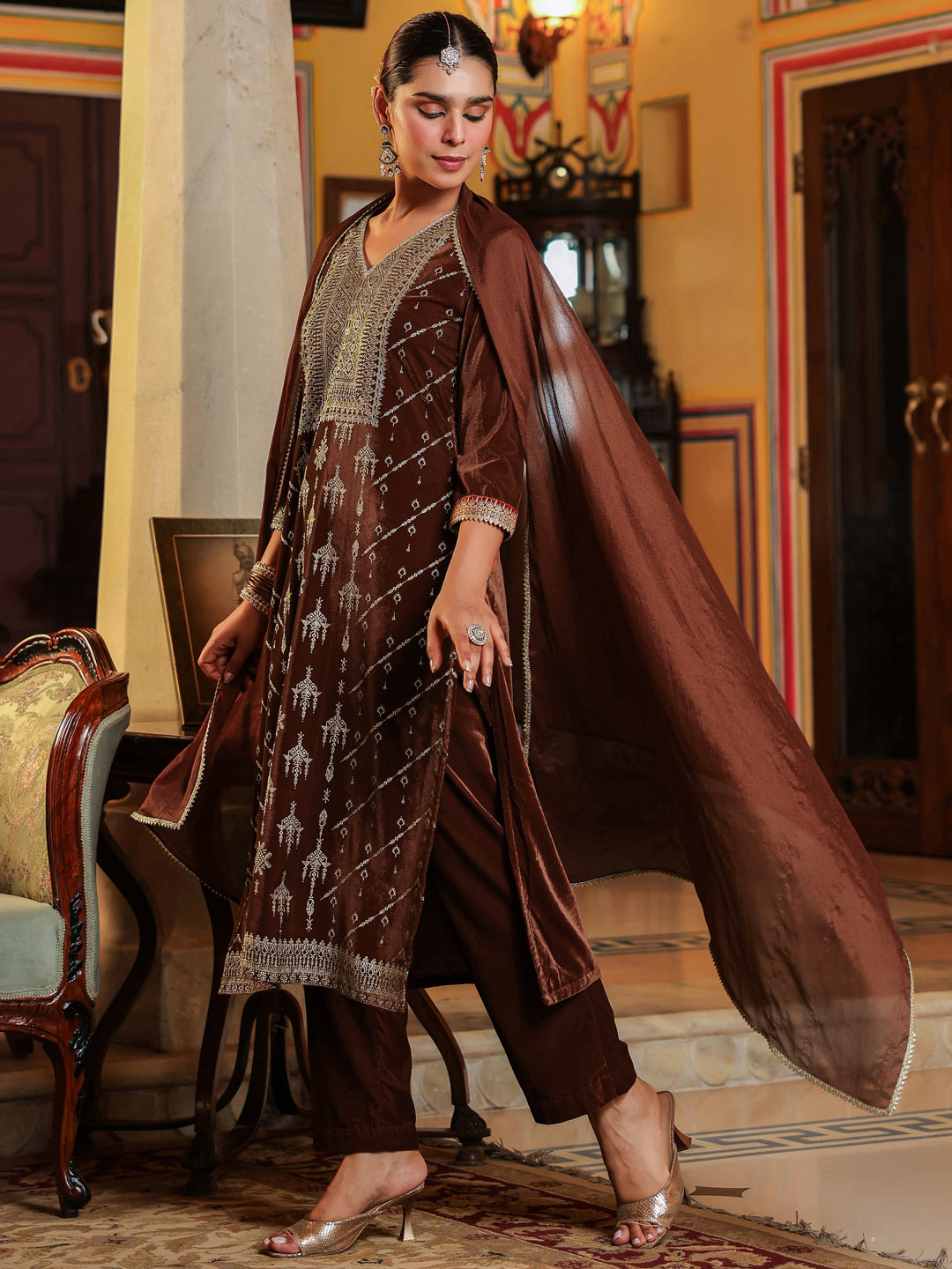 Naari By Shree Women's Brown Velvet Embellished Gold Printed Straight Kurta Set
