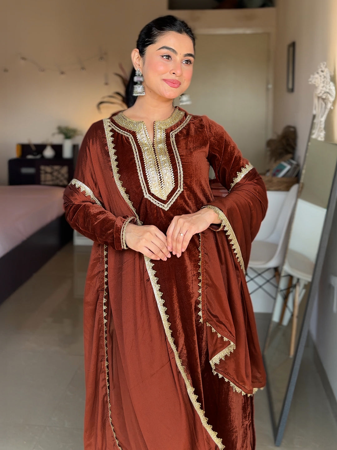 Naari By Shree Women's Brown Velvet Embellished Straight Kurta Set