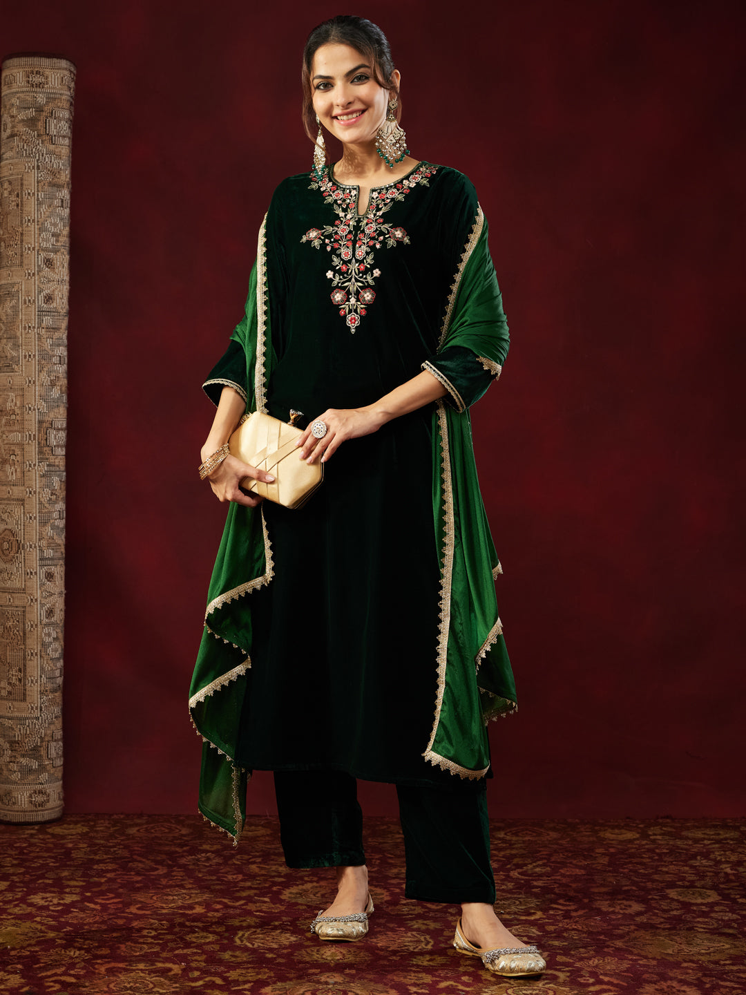 Naari By Shree Women's Bottle Green Velvet Yoke Embroidered Straight Kurta Set