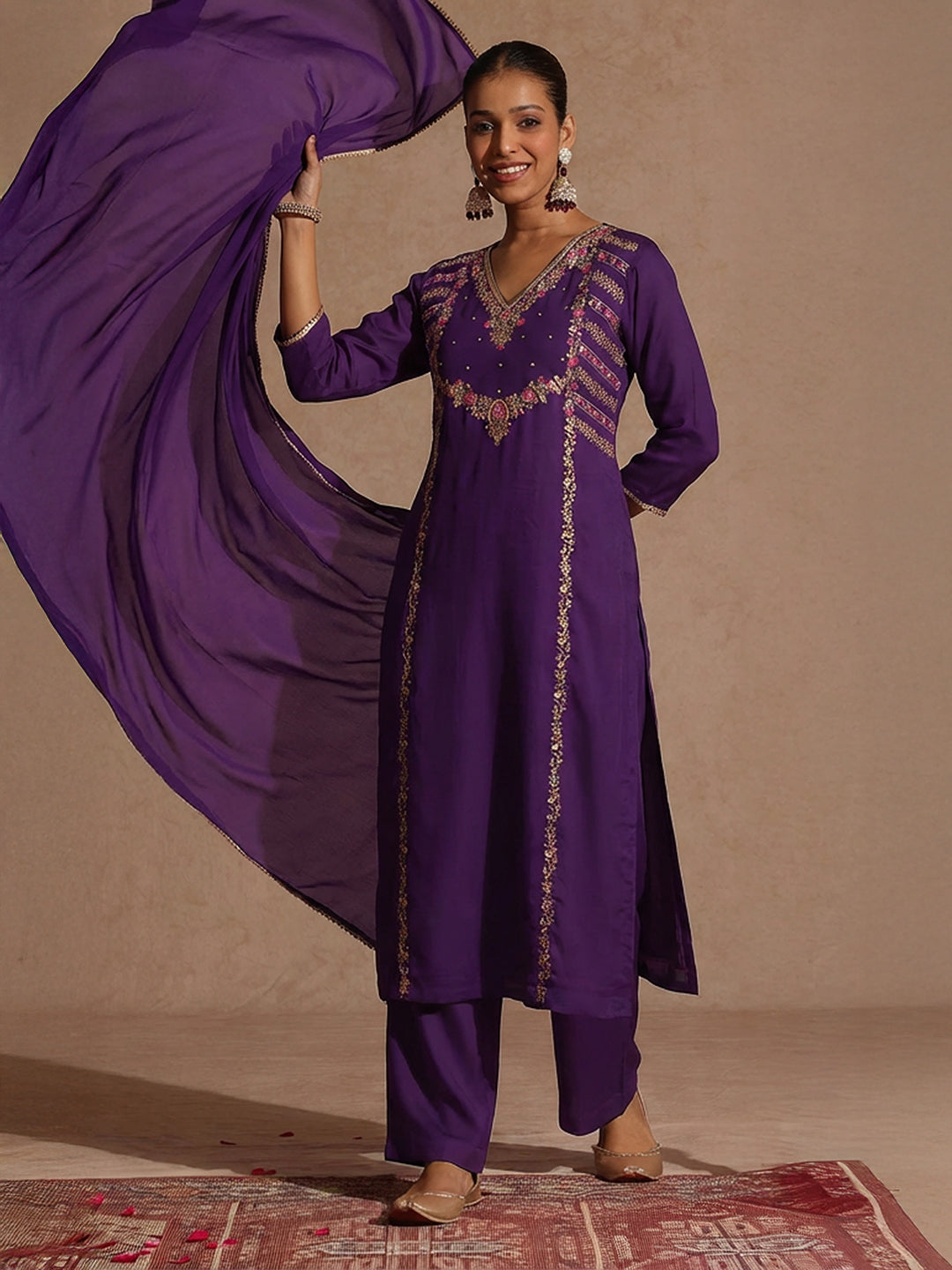 Naari By Shree Women's Purple Silk Blend Embroidered Straight Kurta Set