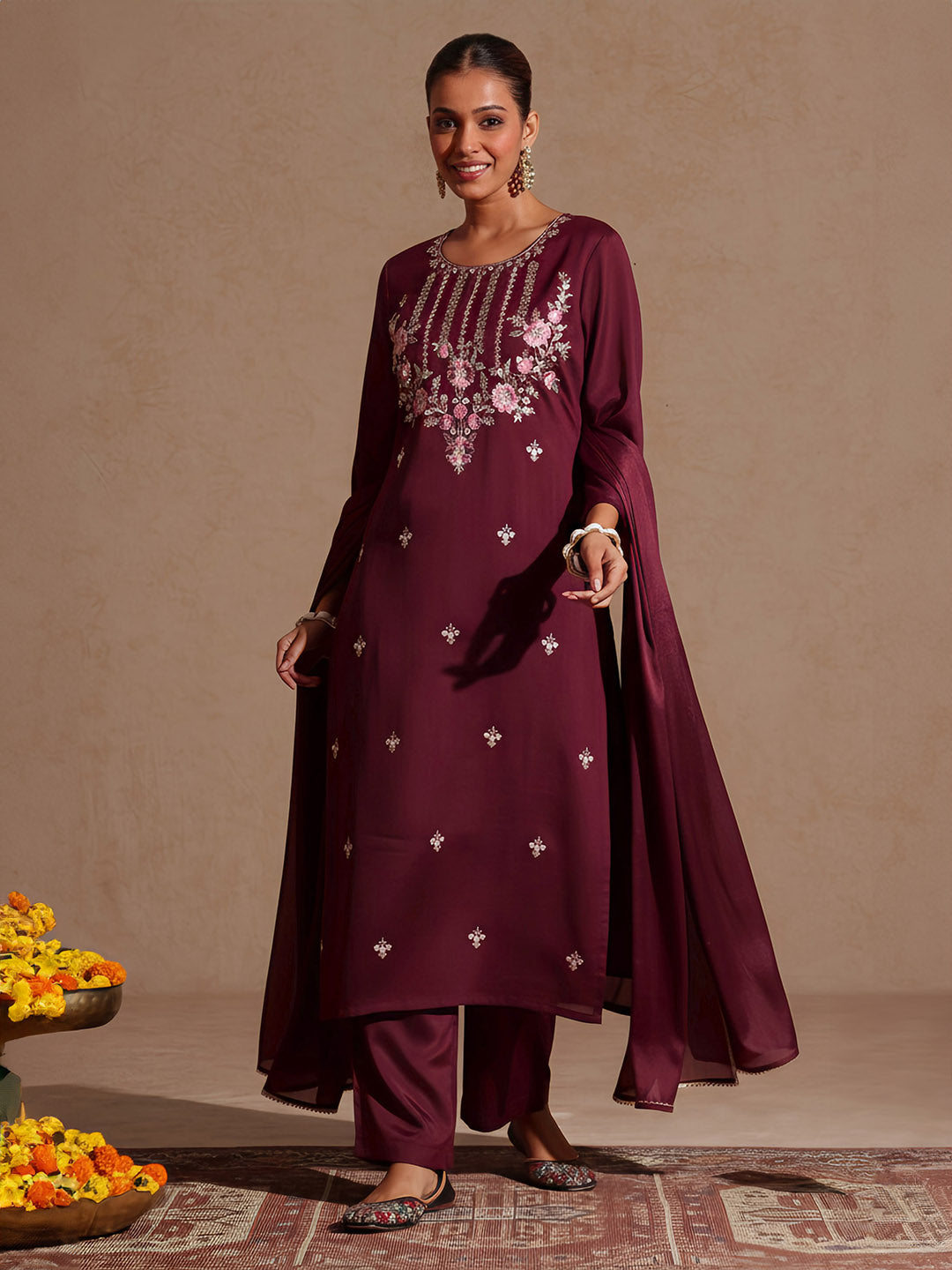 Naari By Shree Women's Magenta Silk Blend Zari Embroidered Straight Kurta Set