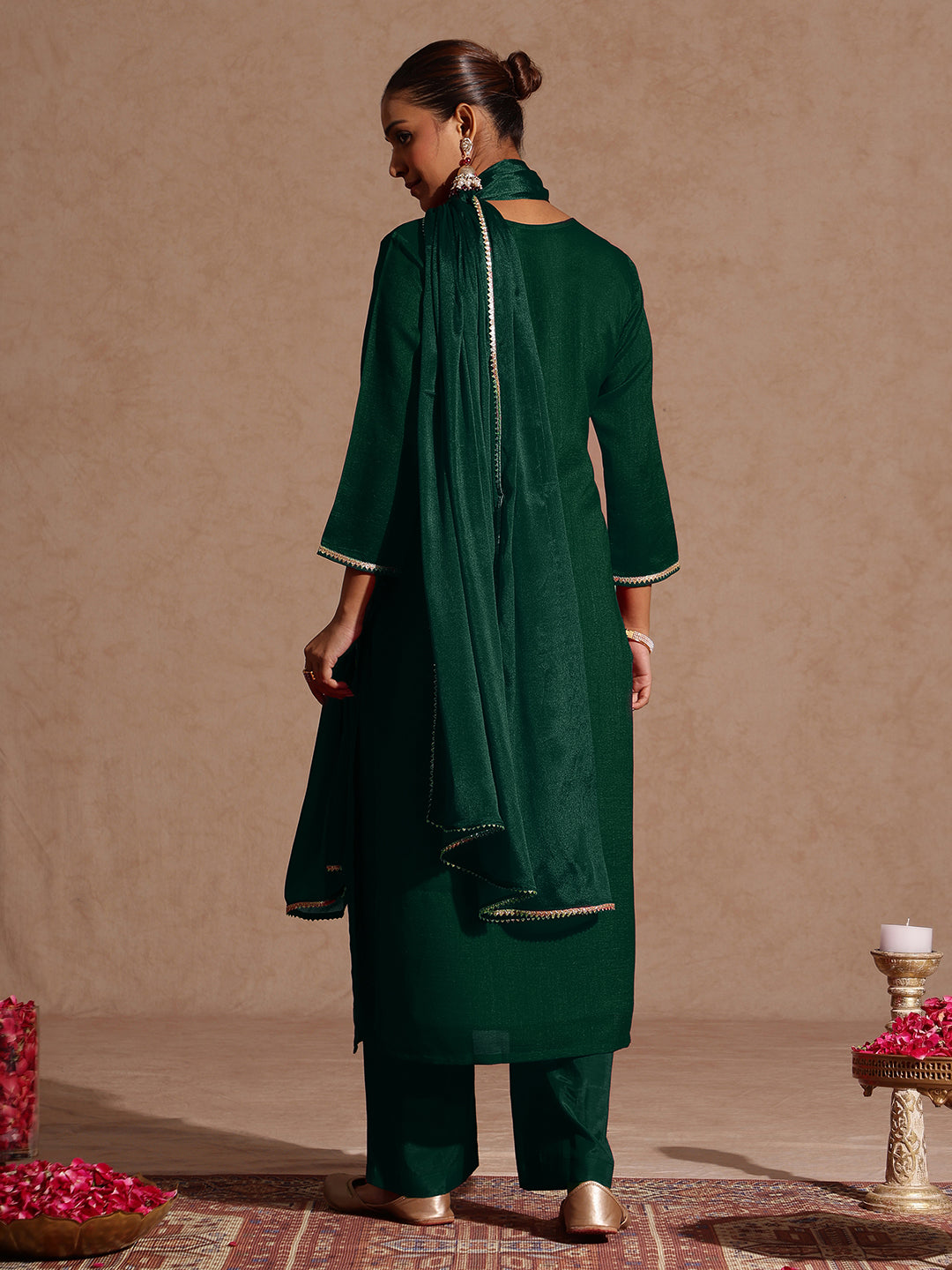 Naari By Shree Women's Bottle Green Silk Blend Zari Embroidered Straight Kurta Set