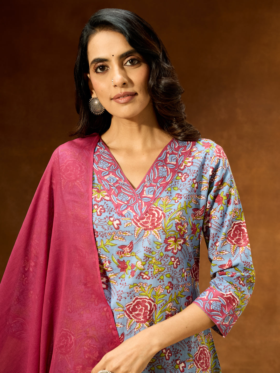 Naari By Shree Women's Blue Pure Cotton Floral Printed Straight Kurta Set