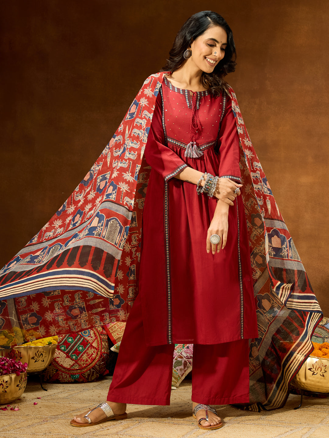 Naari By Shree Women's Maroon Pure Cotton Embellished Straight Kurta With Palazzo & Dupatta Set