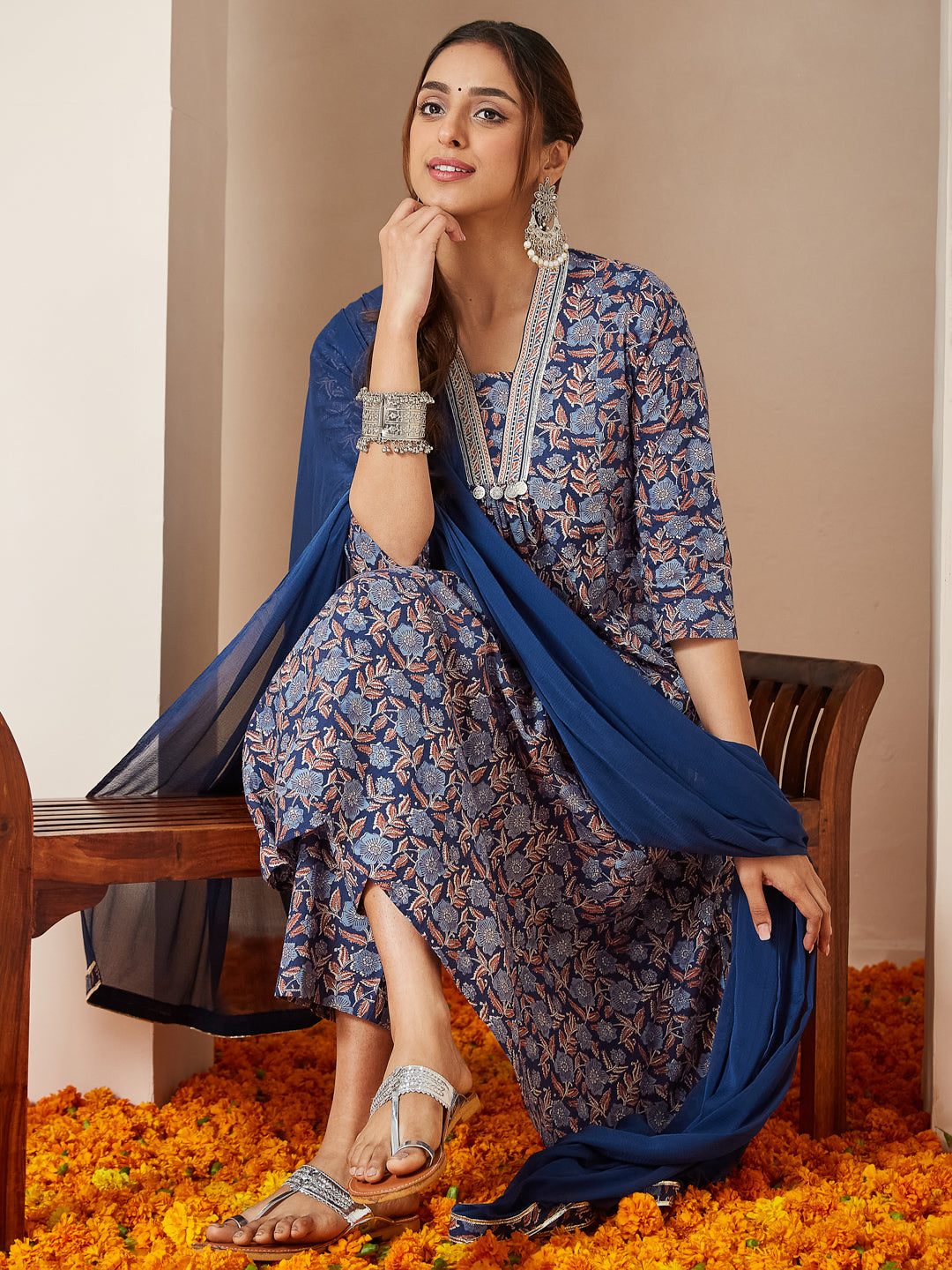 Naari By Shree Women's Blue Pure Cotton Yoke Design Floral Printed A-line Kurta Set