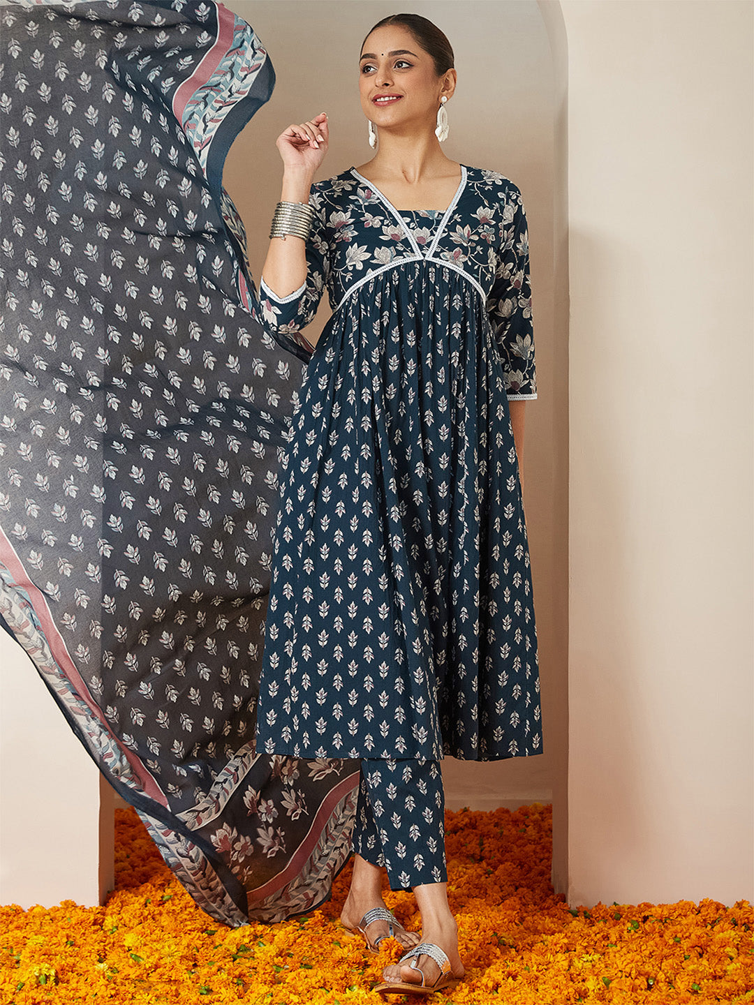 Naari By Shree Women's Teal Blue Pure Cotton Floral Printed A-line Kurta Set