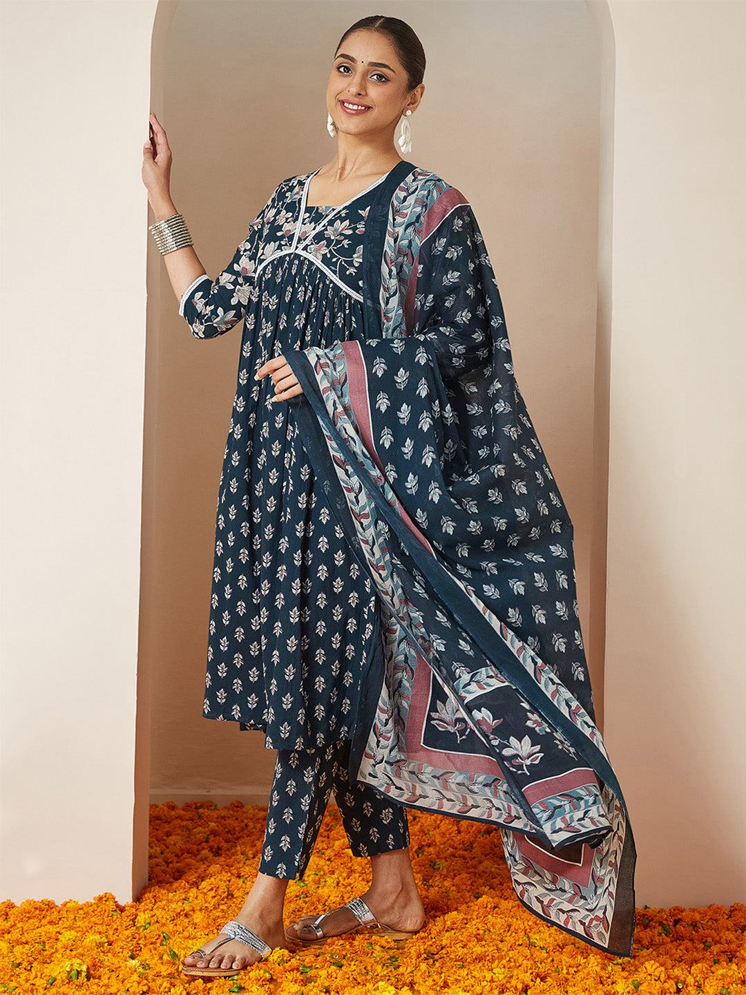 Naari By Shree Women's Teal Blue Pure Cotton Floral Printed A-line Kurta Set