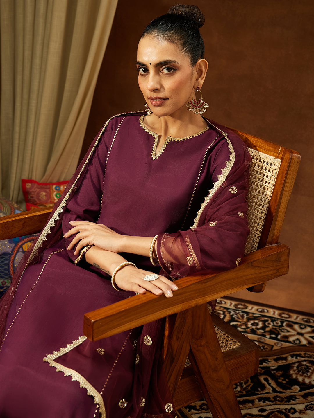 Naari By Shree Women's Wine Chanderi Silk Embellished Straight Kurta Set