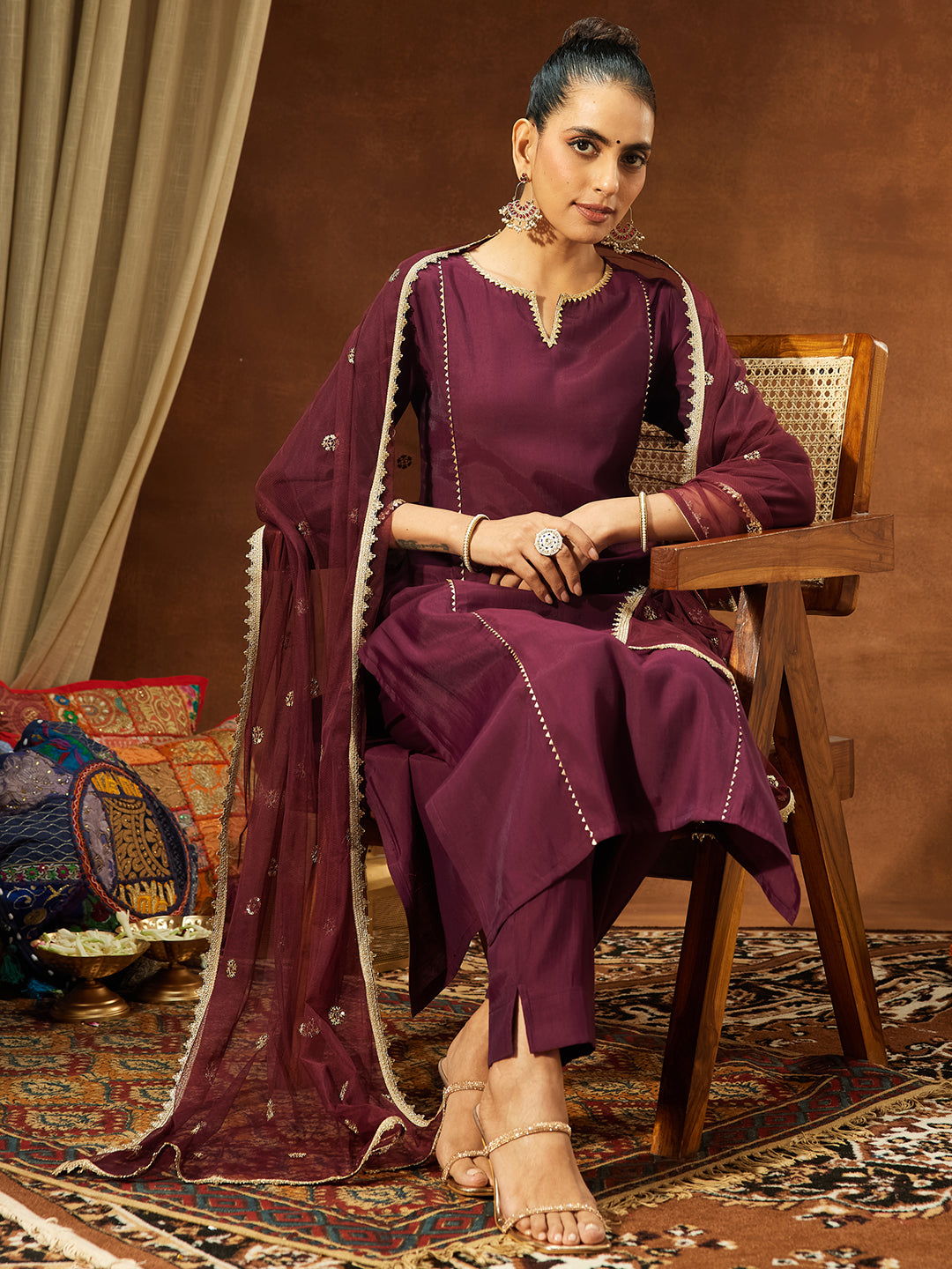 Naari By Shree Women's Wine Chanderi Silk Embellished Straight Kurta Set