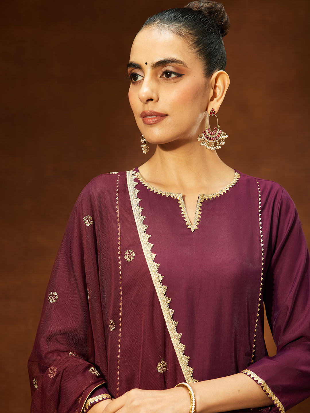 Naari By Shree Women's Wine Chanderi Silk Embellished Straight Kurta Set