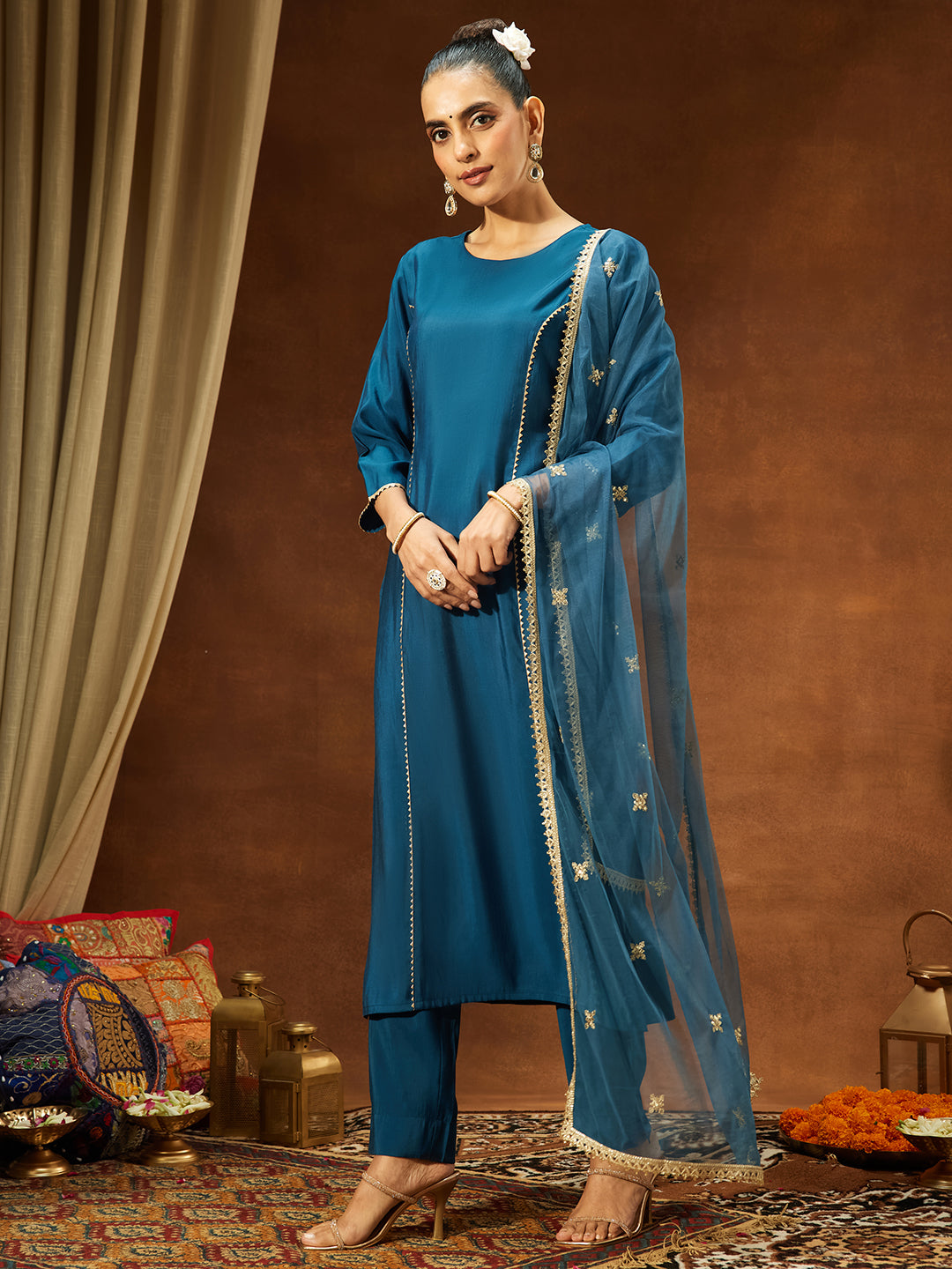 Naari By Shree Women's Teal Blue Chanderi Silk Embelished Straight Kurta Set