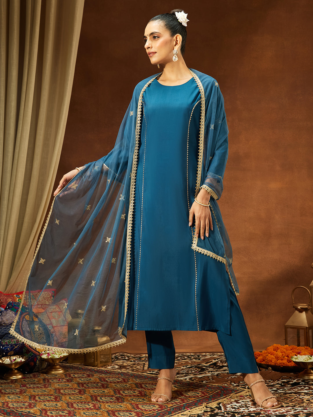 Naari By Shree Women's Teal Blue Chanderi Silk Embelished Straight Kurta Set