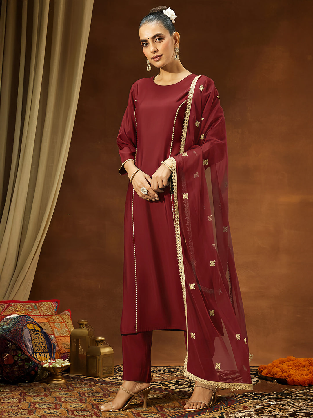 Naari By Shree Women's Maroon Chanderi Silk Embellished Straight Kurta Set