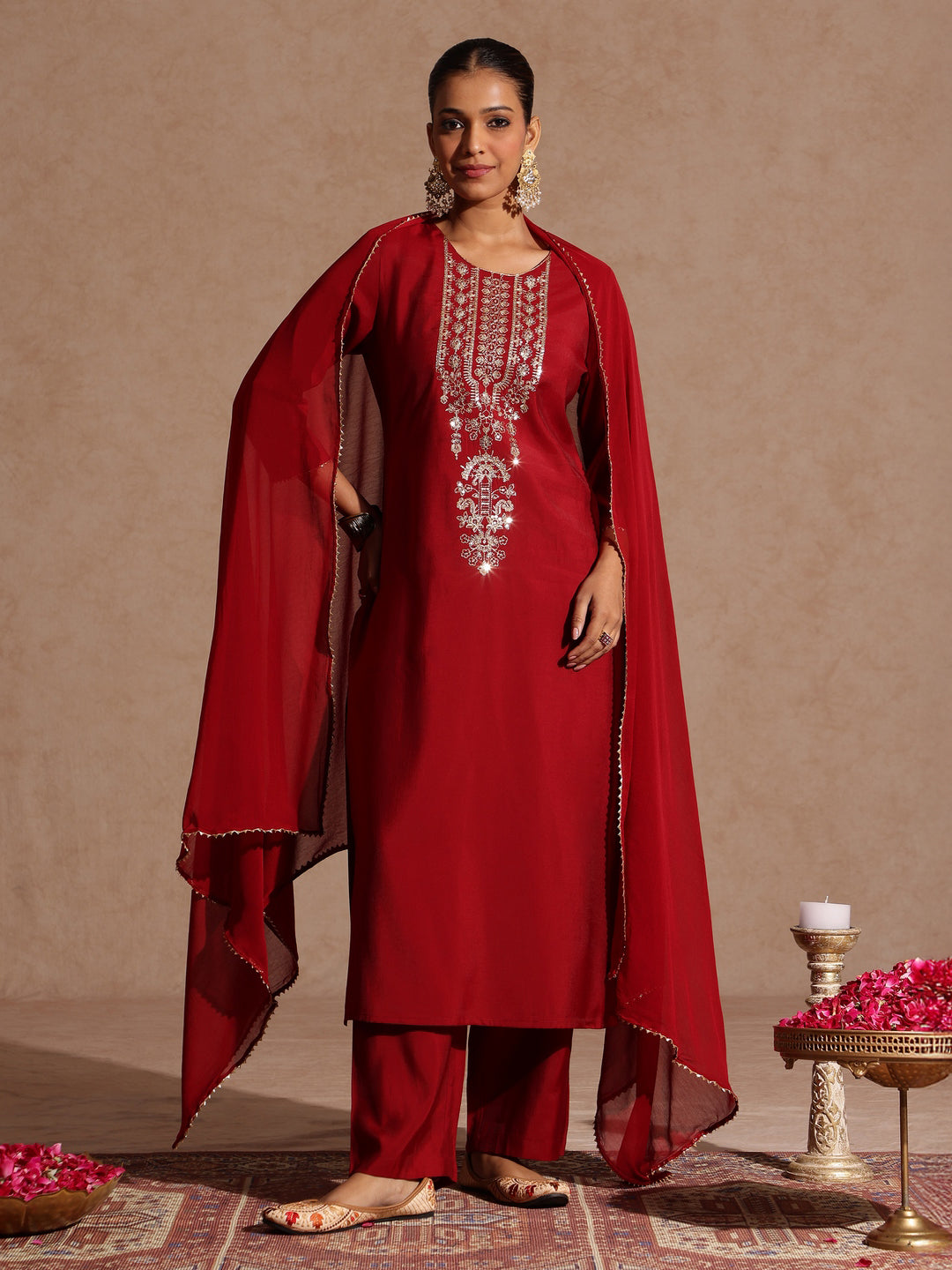 Naari By Shree Women's Maroon Chanderi Silk Zari Yoke Embroidered Straight Kurta Set