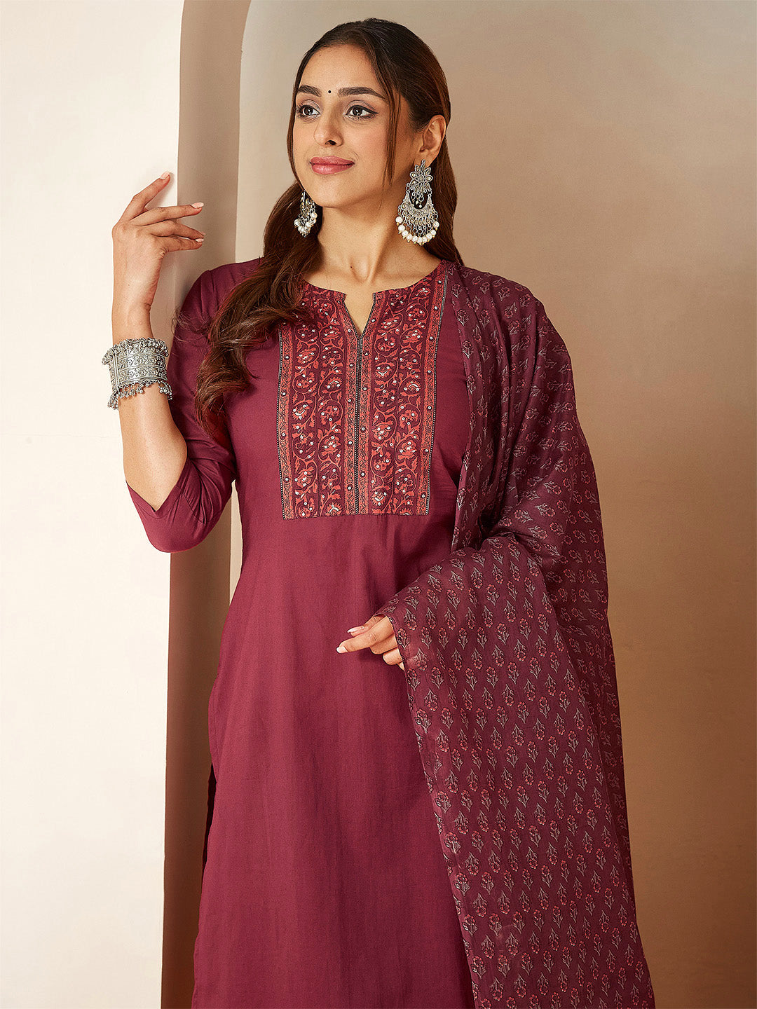 Naari By Shree Women's Burgundy Pure Cotton Embellished Straight Kurta Set