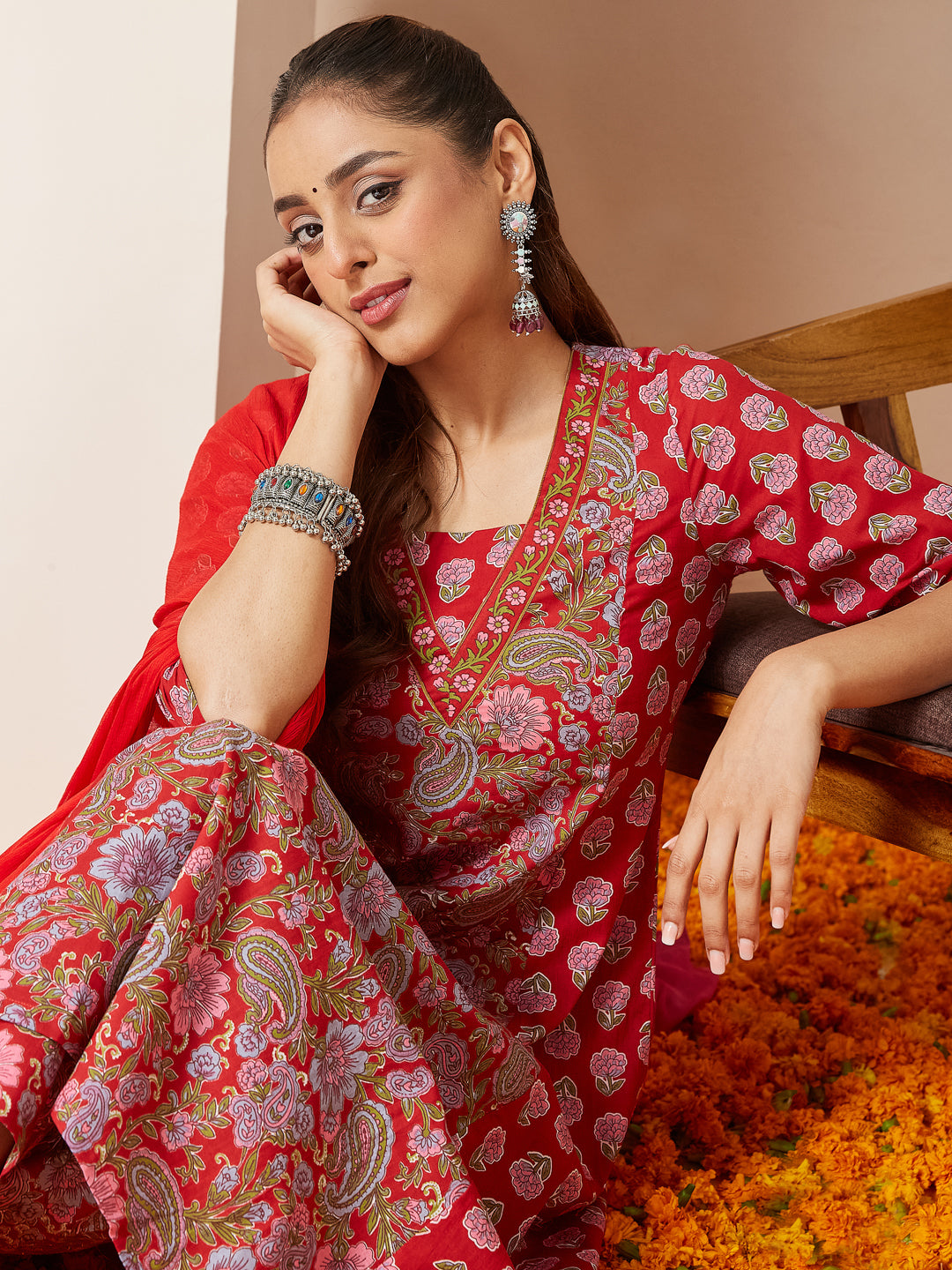 Naari By Shree Women's Red Pure Cotton Floral Printed A-line Kurta Set