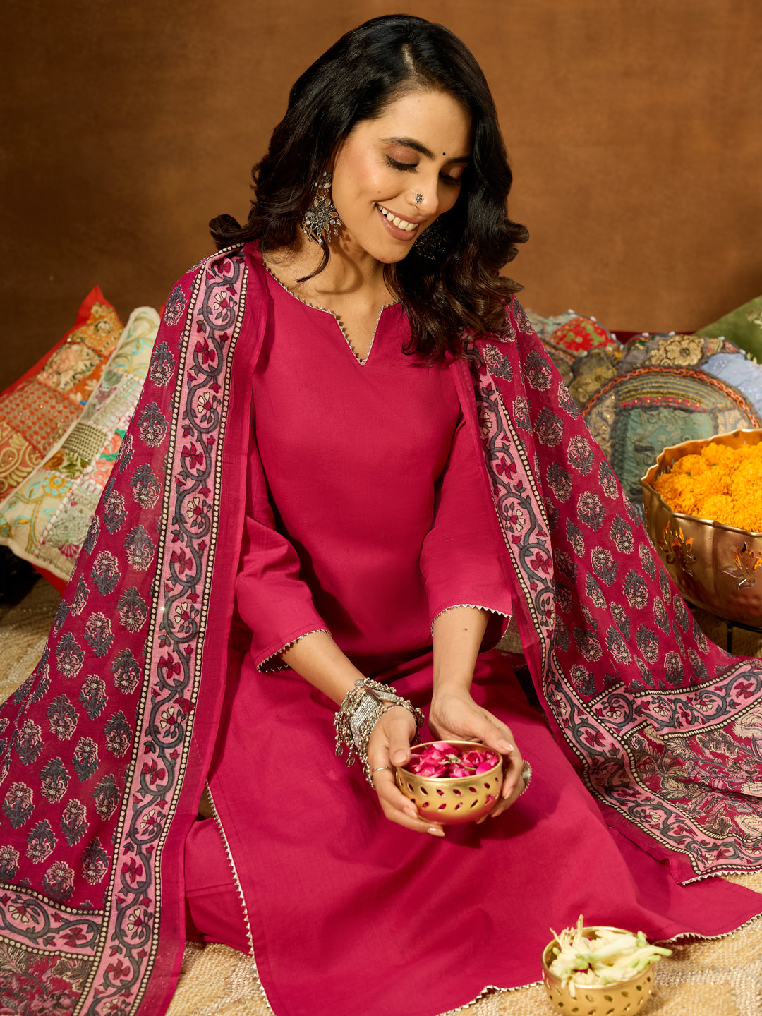 Naari By Shree Women's Magenta Pure Cotton Self Design Straight Kurta Set With Printed Dupatta