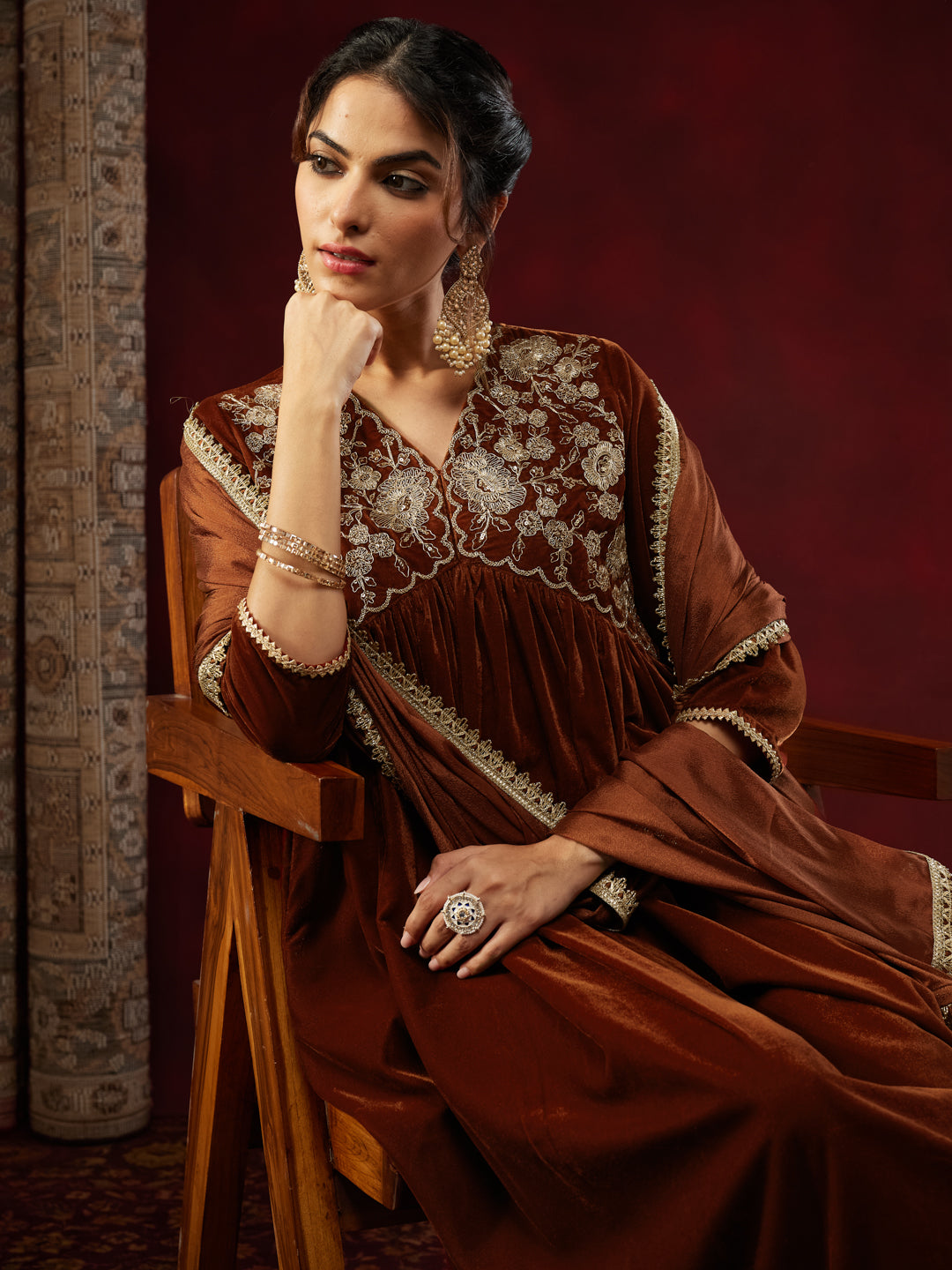 Naari By Shree Women's Brown Velvet Zari Embroidered A-line Kurta Set