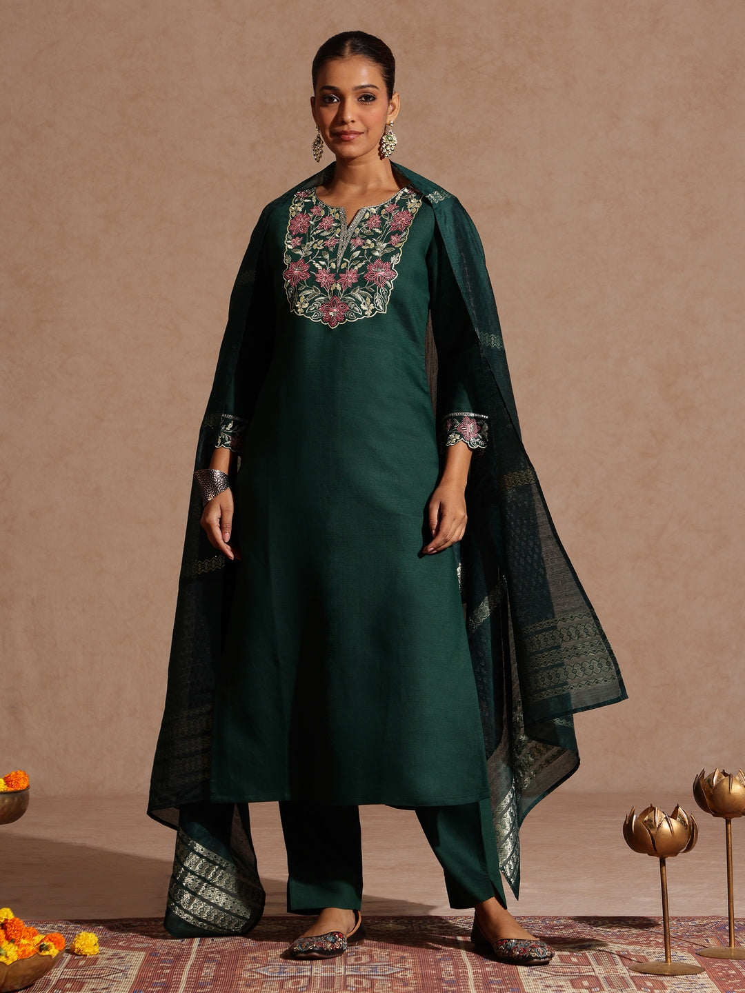 Naari By Shree Women's Bottle Green Silk Blend Yoke Embroidered Straight Kurta Set