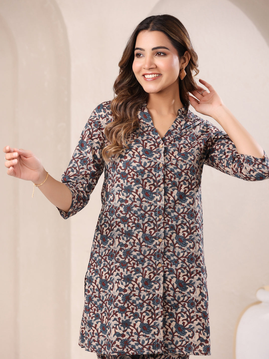 Naari By Shree Beige Pure Cotton Floral Printed Straight Co-ord Set