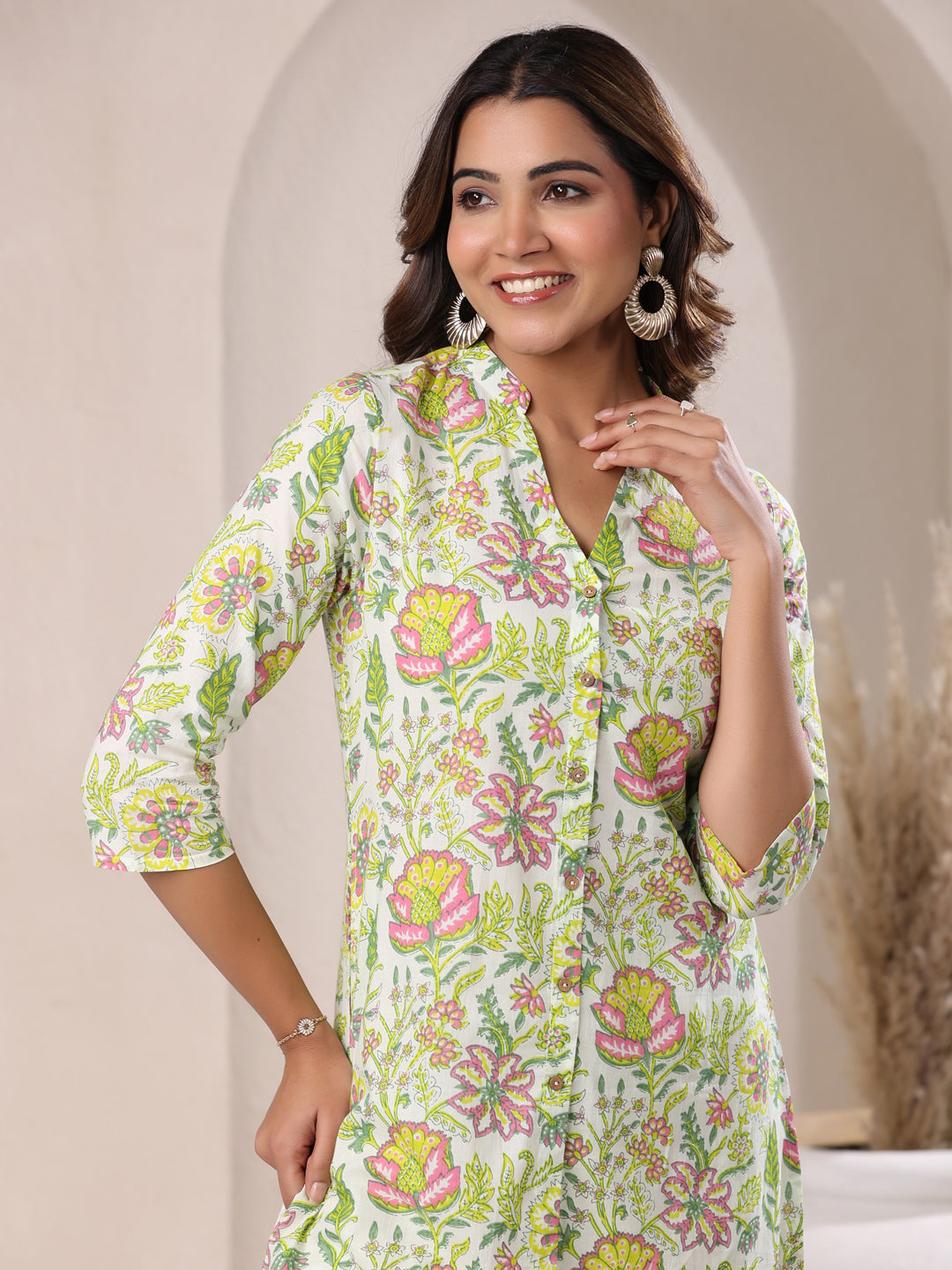 Naari By Shree Green Pure Cotton Floral Printed Straight Co-ord Set