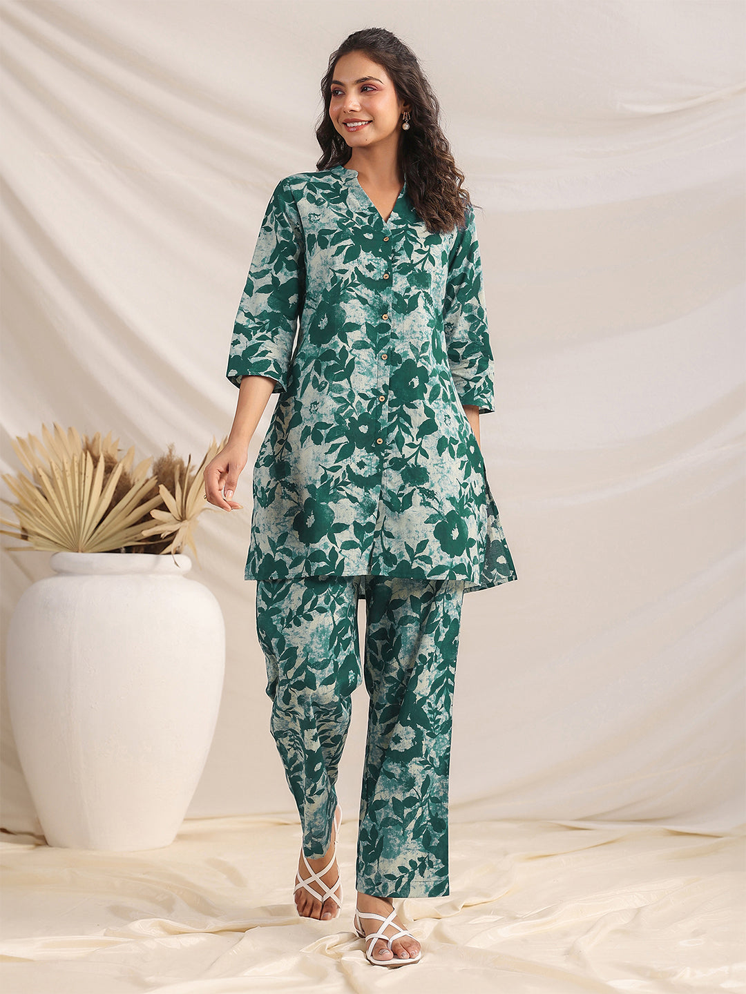 Naari By Shree Green Pure Cotton Floral Printed A-line Co-ord Set