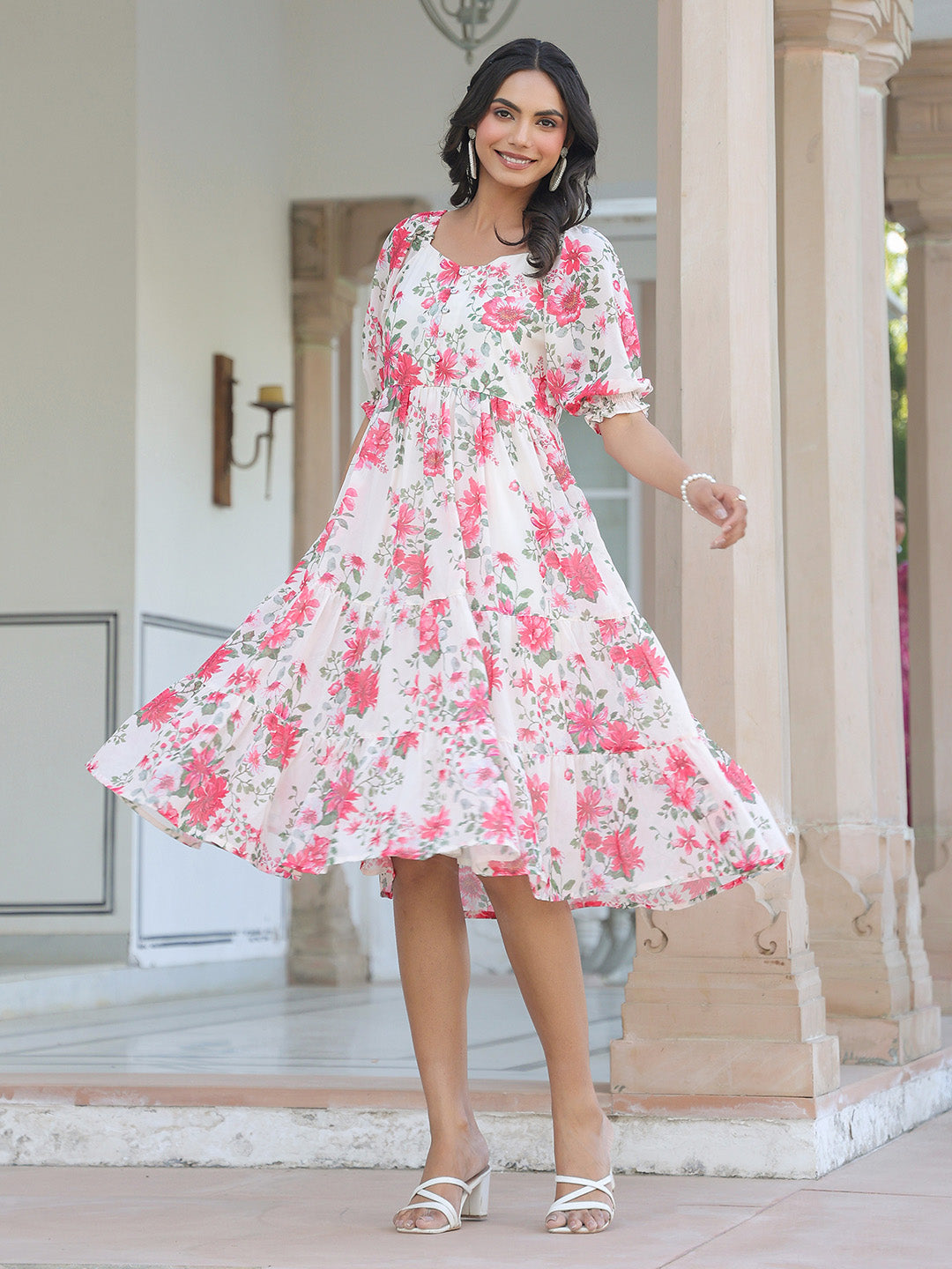 Naari By Shree Cream Georgette Floral Printed Tiered Dress