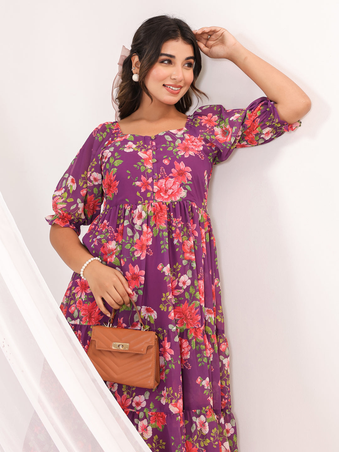 Naari By Shree Women's Purple Georgette Floral Printed Tiered Dress