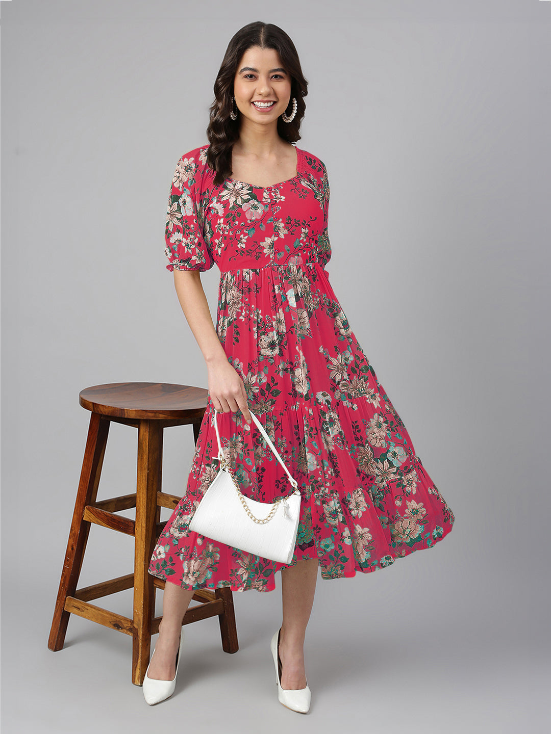 Naari By Shree Pink Georgette Floral Printed Tiered Dress