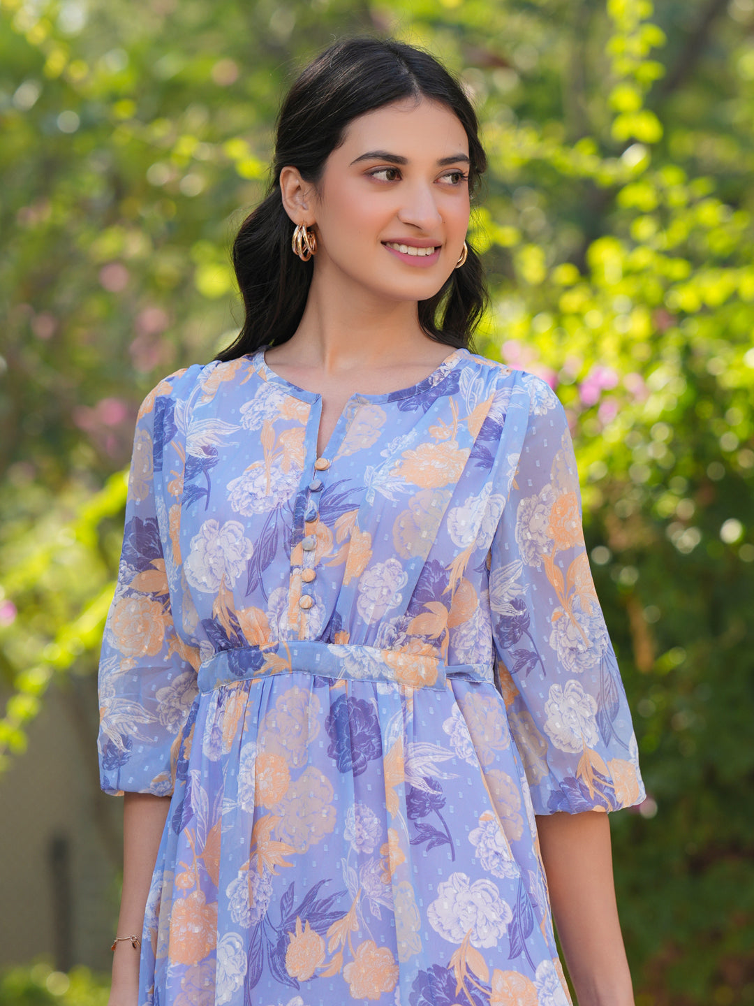 Naari By Shree Lavender Georgette Floral Printed A-Line Dress